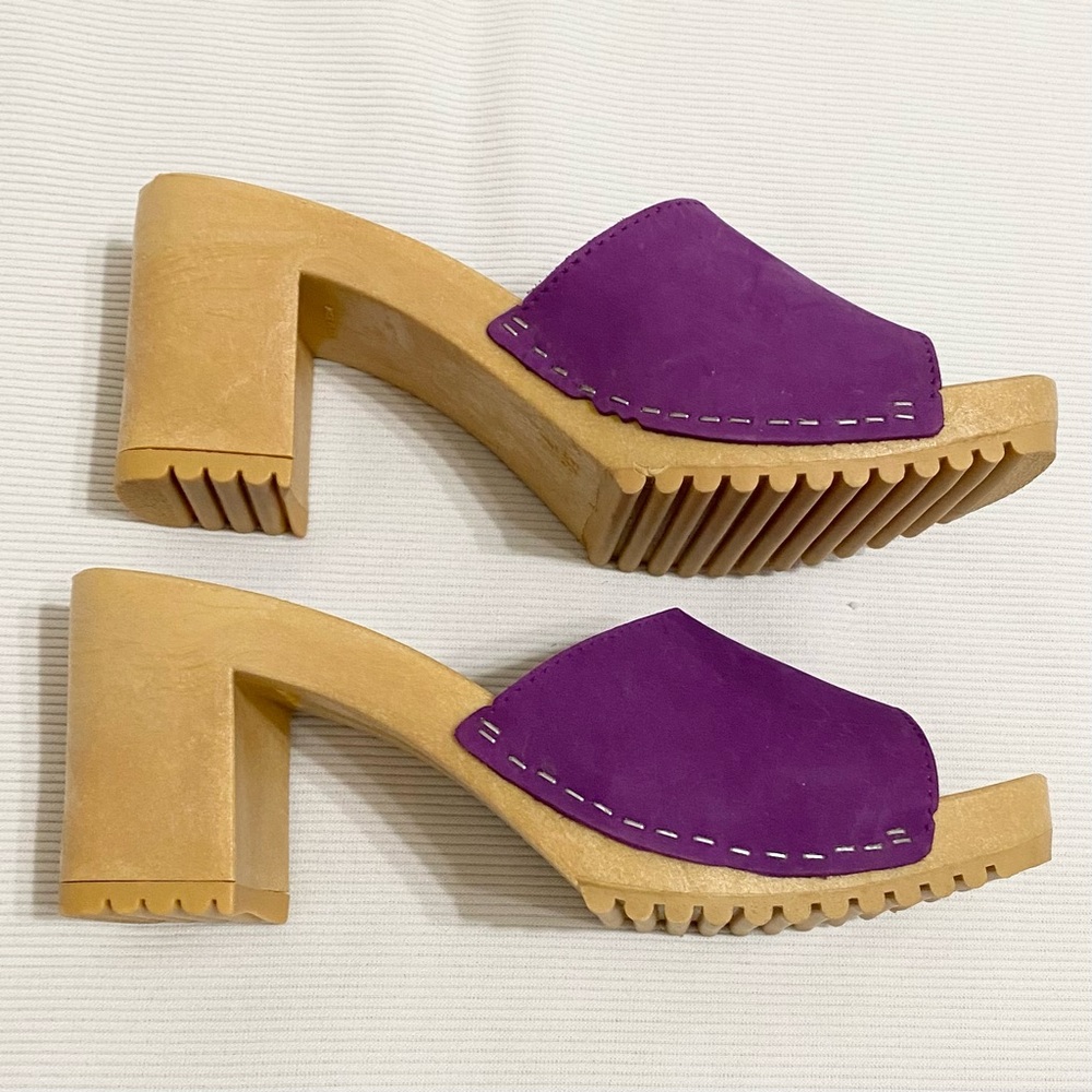 Vintage 90s Y2K Xhilaration Italy Purple Suede Plastic Chunky Heel Sandals - Picture 2 of 10